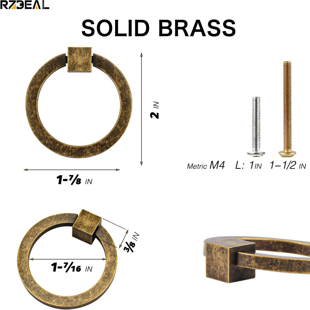 12Pcs 2.0" X 1 7 8 Solid Brass Antique Brass Pulls for Dresser Drawer Ring Pulls