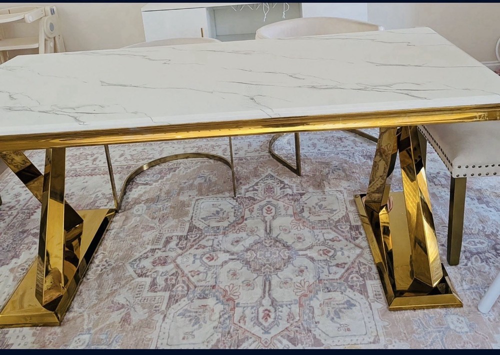 Modern Marble Dining Table Set Gold Base Upholstered Chairs White Rectangular 6