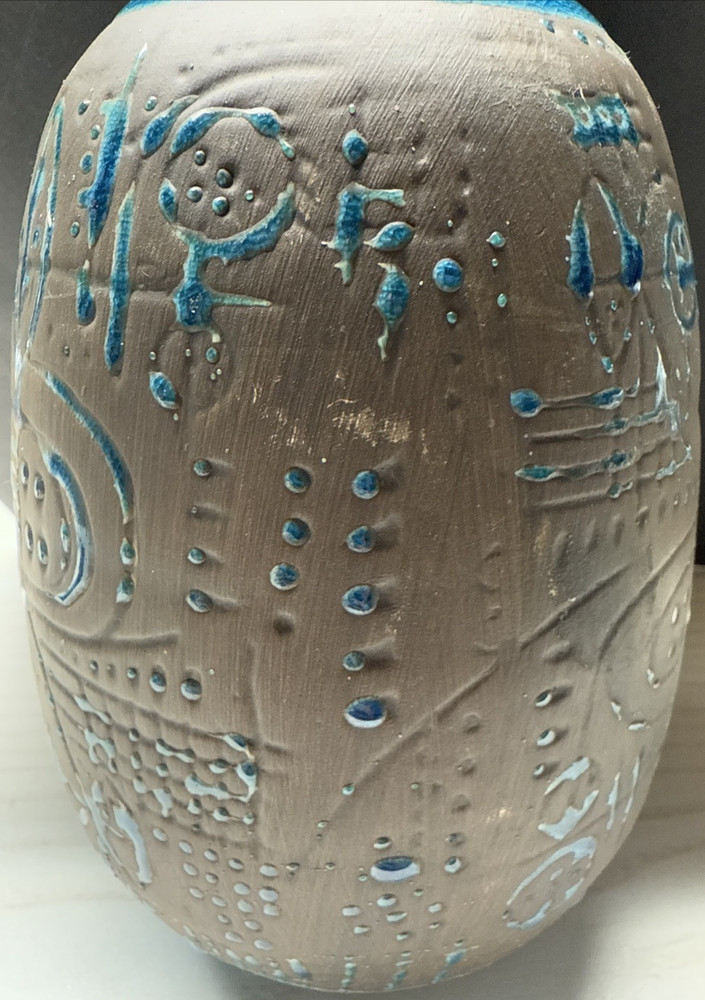 Contemporary Ashluxe Handmade Ceramic Table Vase Script Blue Brown Crackle As Is