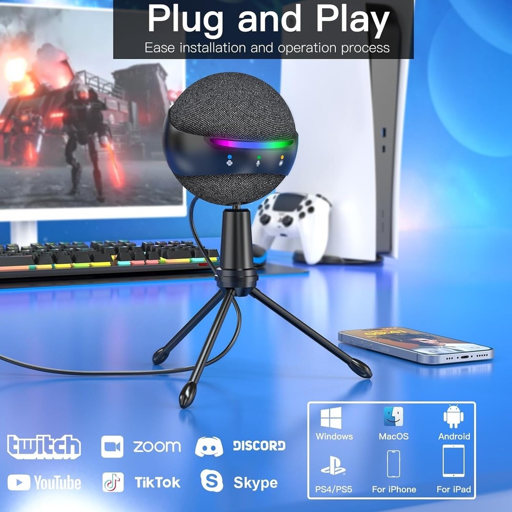 ZealSound Microphone for iPhone,USB mic for PC gaming, Mute Active Noise Cancel