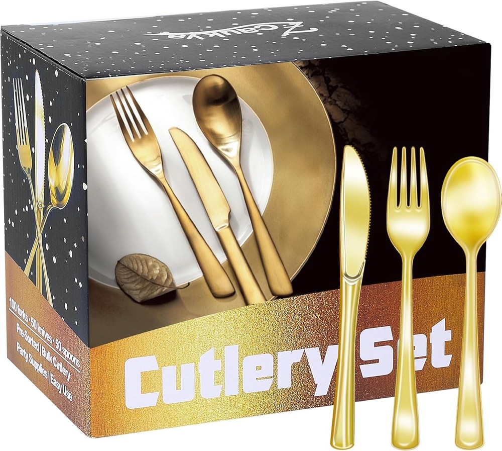 200 Pieces Gold Plastic Sierware Set, Disposable Cutlery Set