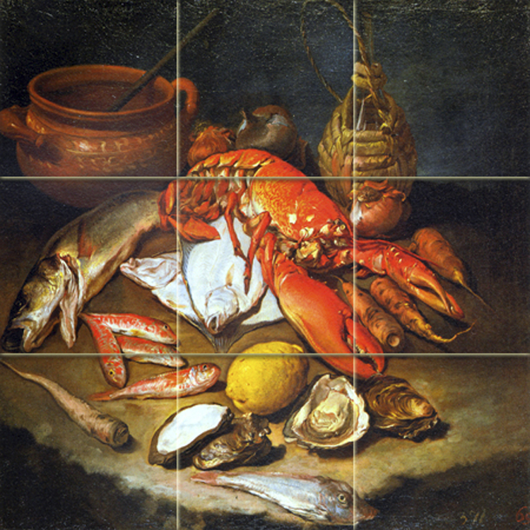 Art Fish Lobster Tumbled Marble Mural Backsplash Tile #694