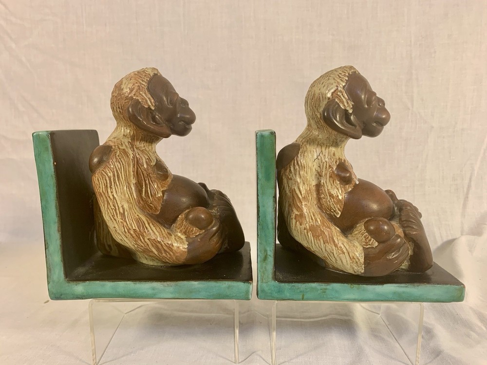 Pair Vtg Ceramic SMILING MONKEY BOOKENDS Large 6"x 3" Size HEAVY