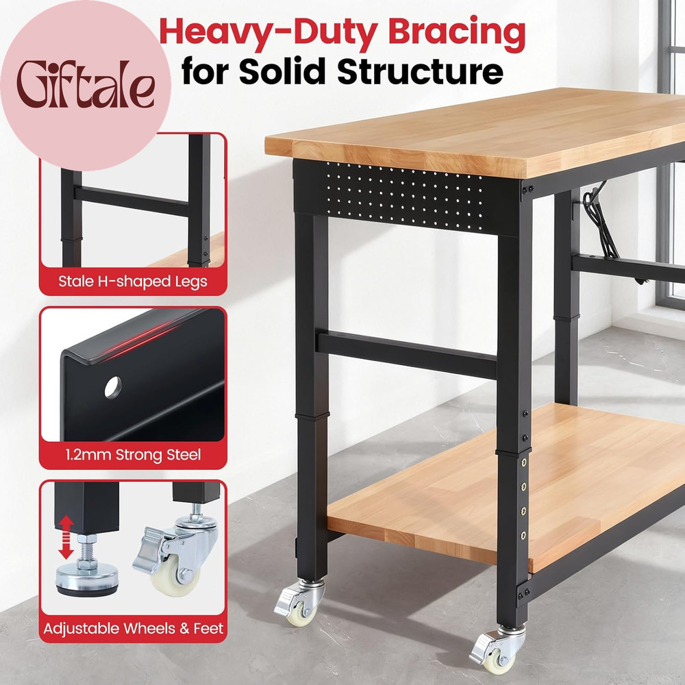 Workbench with Wheels 48 Inch Adjustable Height Work Table with under Table Shel