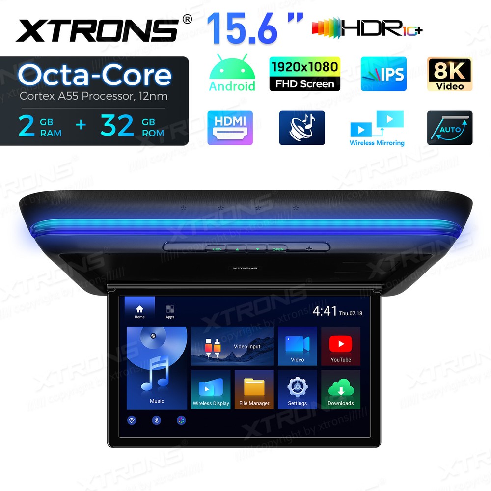 Android 15.6" Screen Car TV Overhead Player Octa Core Auto Flip Down HDMI WiFi