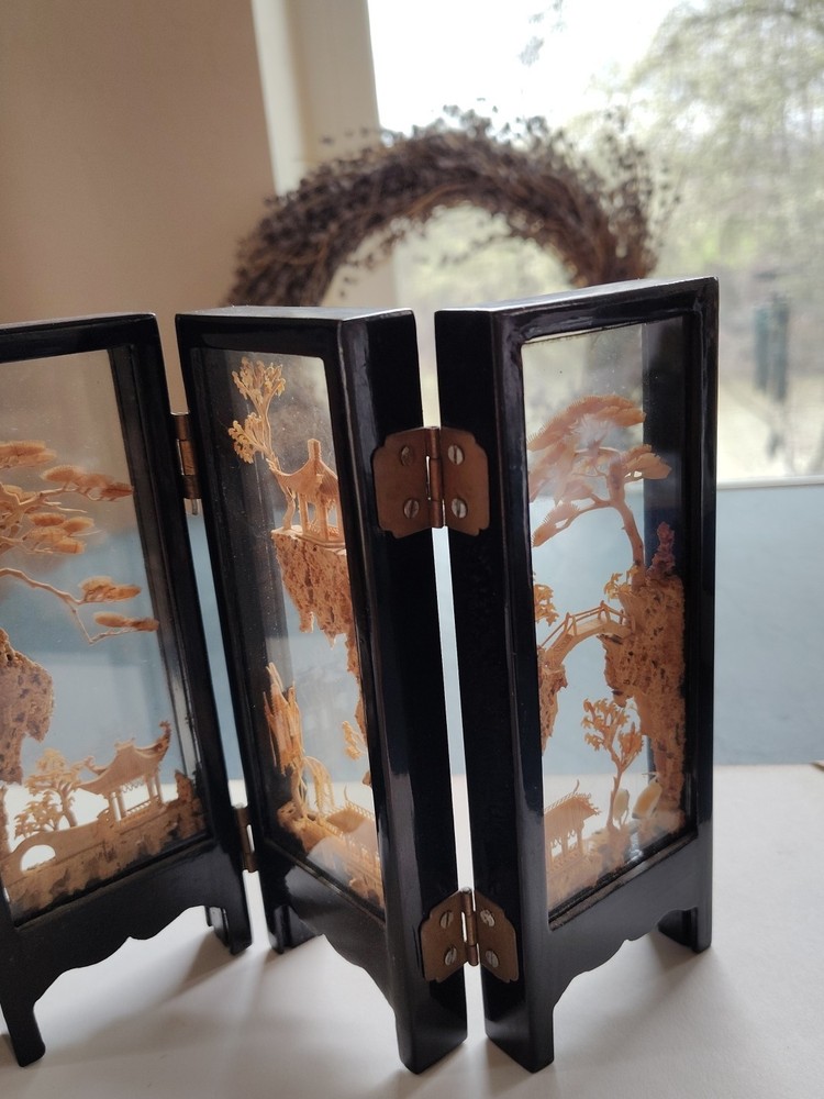 Vintage Glass, Carved Cork Desktop Folding Screen