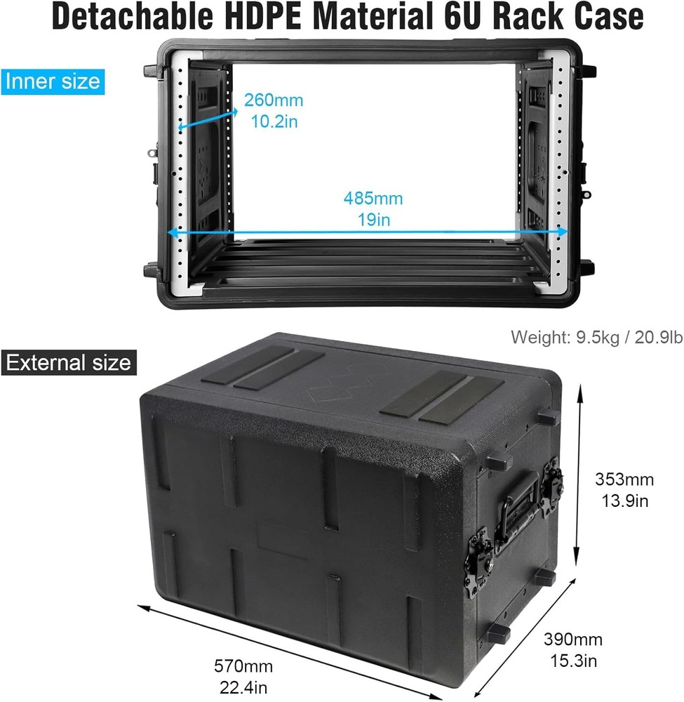 6U Rack Case 19" Rackmount Flight Cases Portable Carry w/Microphone Compartments