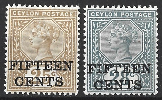 CEYLON QV 1891 15c SURCHARGE PAIR MINT (NH)