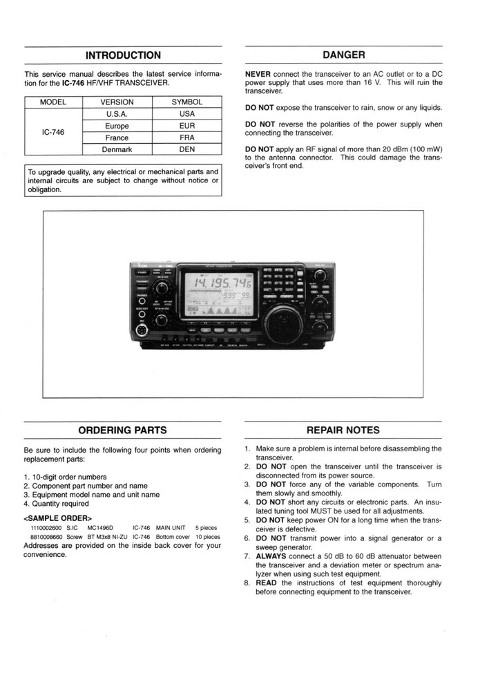 Icom IC-746 IC746 Transceiver SERVICE MANUAL