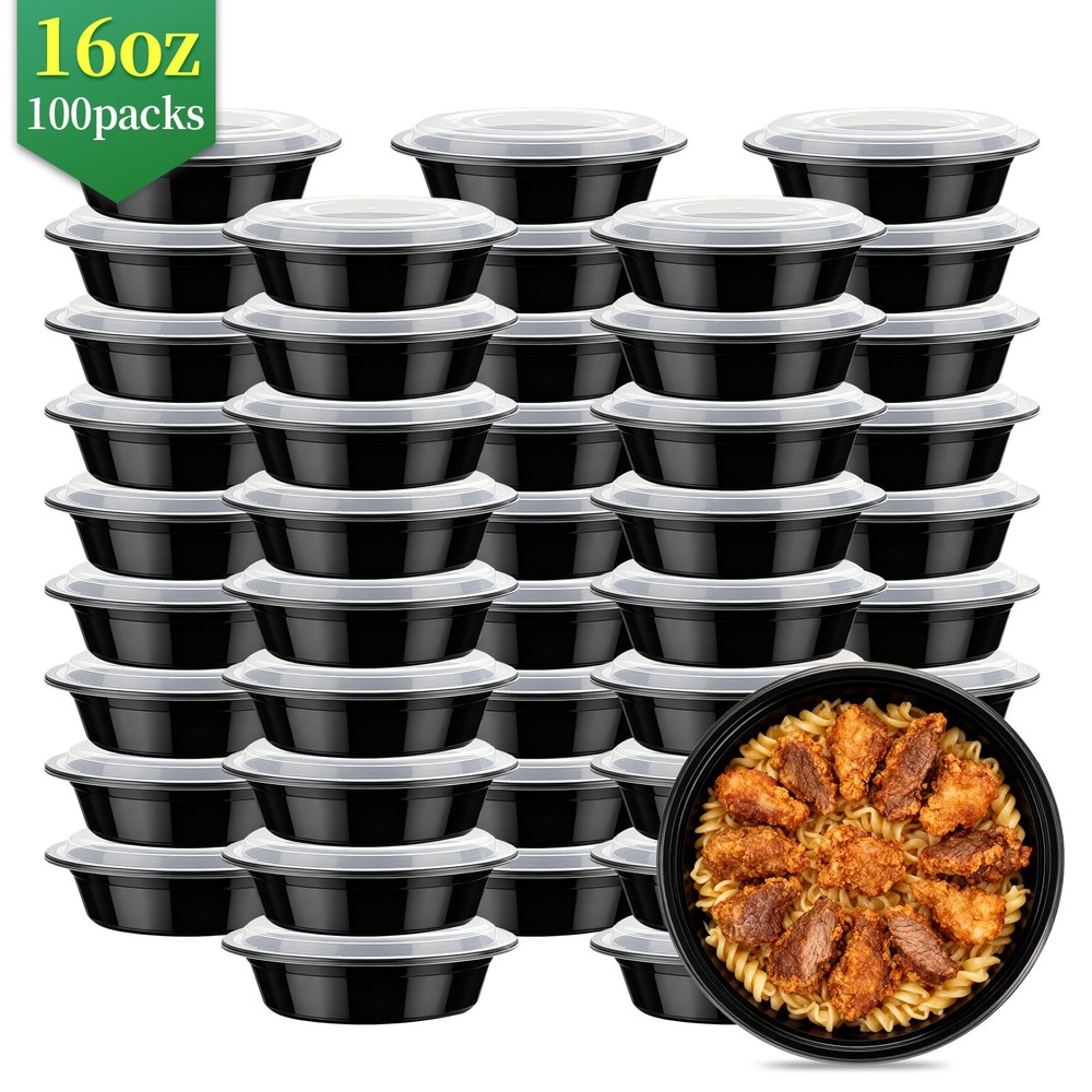 200pcs Set 16oz Black Bento Boxes Leakproof Stackable Meal Prep Containers