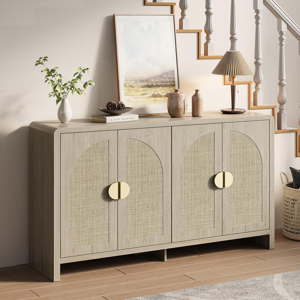 Boho Rattan Sideboard Buffet Cabinet with Adjustable Shelves, 55" Console Table