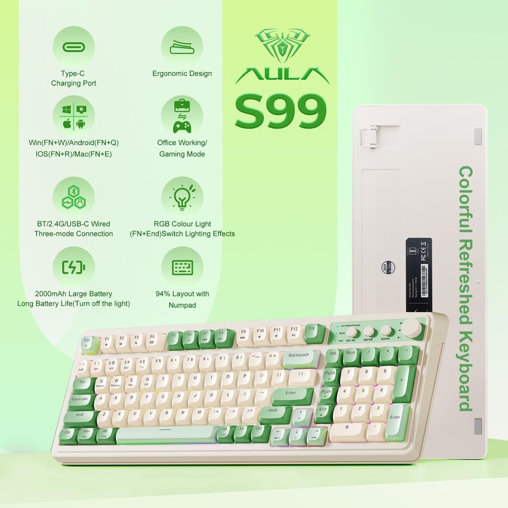 AULA S99 Wireless Gaming Keyboard, Tri-Mode Bluetooth/2.4GHz/USB-C, RGB