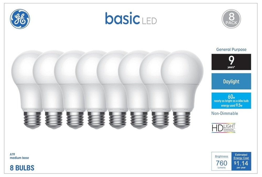GE Basic 60-Watt EQ A19 Daylight LED Light Bulb (8-Pack) 9.5W