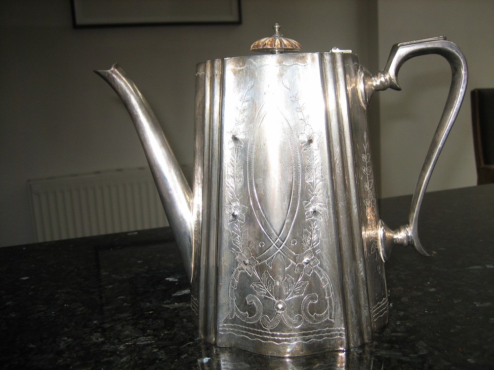 SILVER PLATE JORDAN SHEFFIELD COLLECTION COFFEE POT & WINE HOLDER