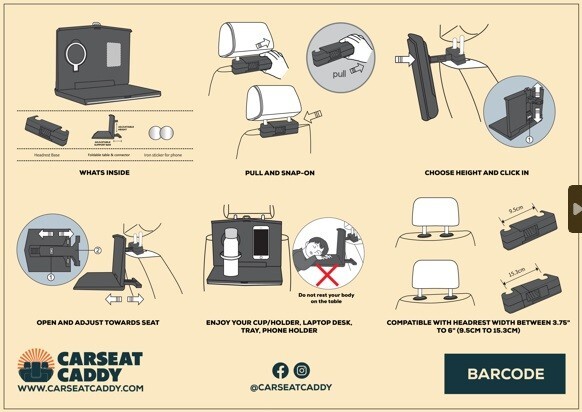 Carseat Caddy Universal Headrest Fold Table Tray Cup Holder iPhone iPad Holder