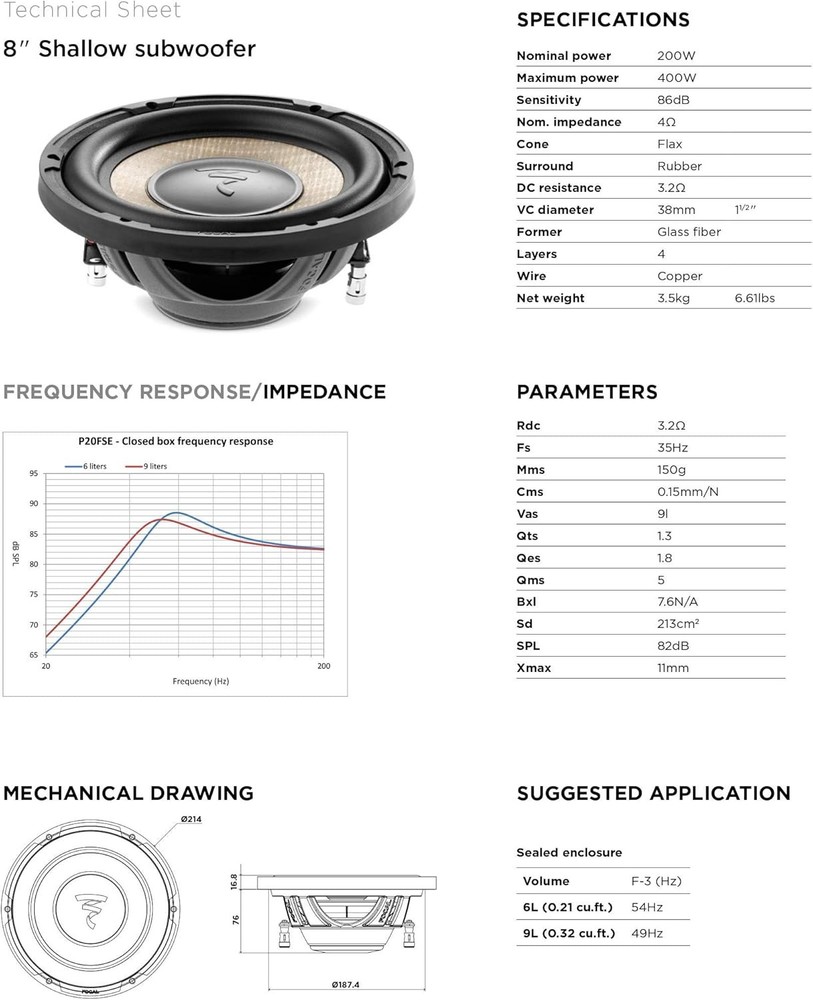 Focal P20FSE, FLAX EVO 8” Shallow Subwoofer 4 Ohms