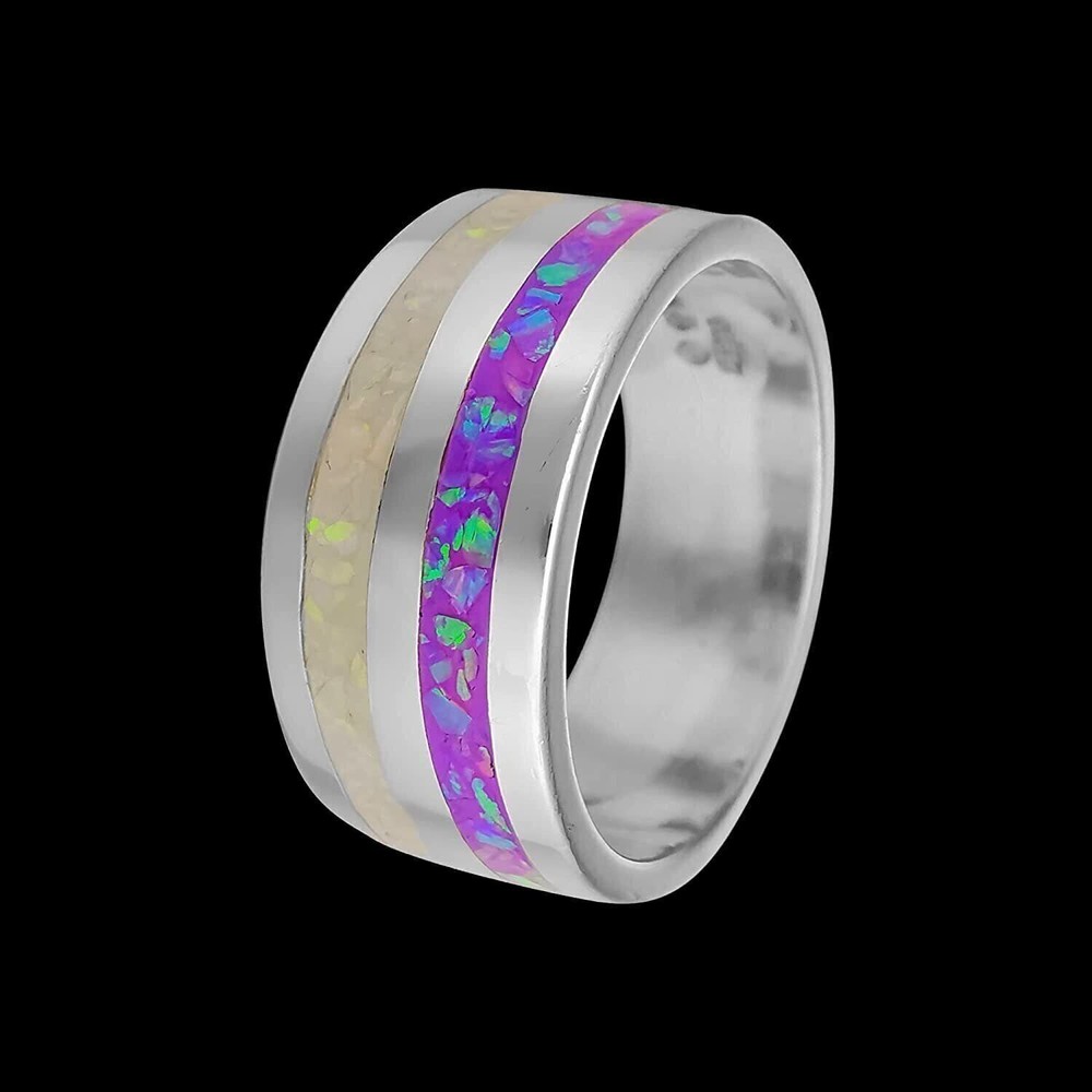 925 Sterling Silver White & Violet Opal Two-Loop Statement Ring - Handmade...