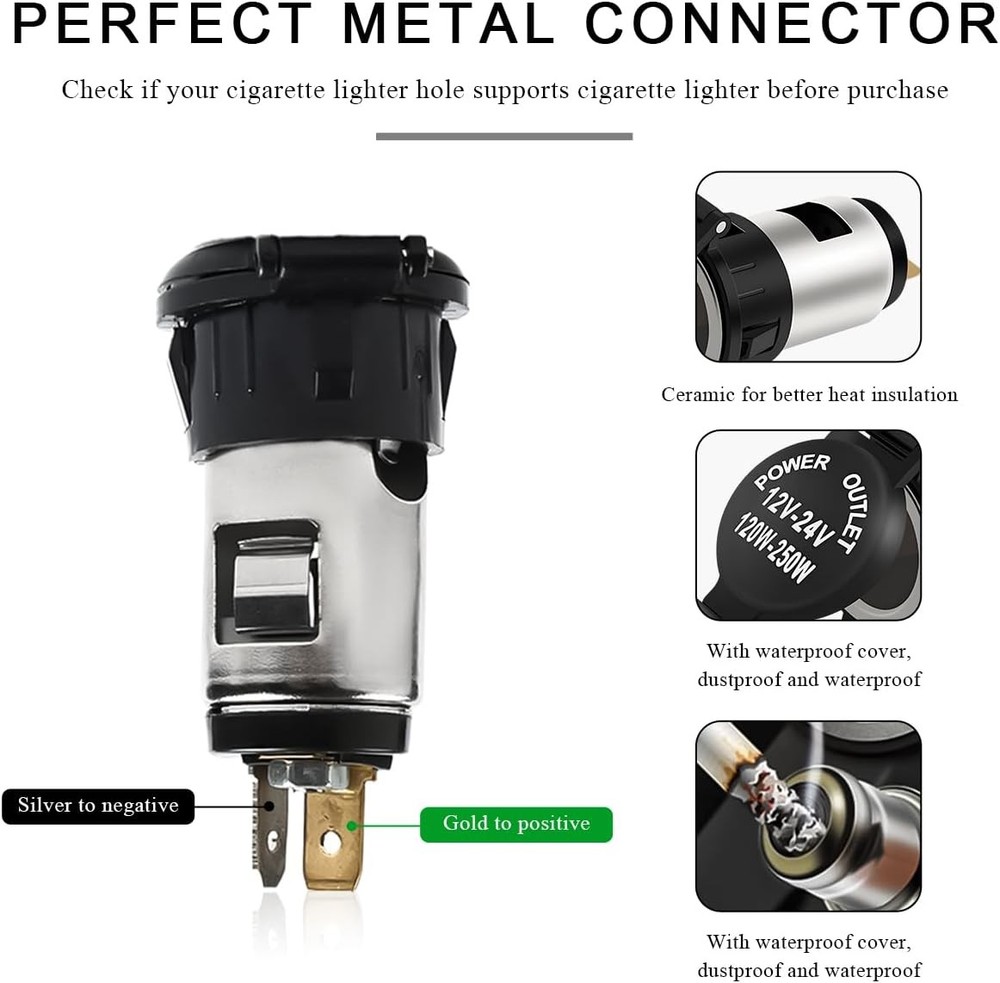 Car Cigarette Lighter Socket, DC 12V Waterproof Cigarette Lighter Power Adapter
