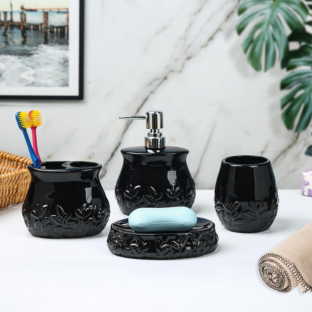 Ceramic Embossed Leaves Bathroom Accessories Set, 4 Piece Bathroom Ensemble S...