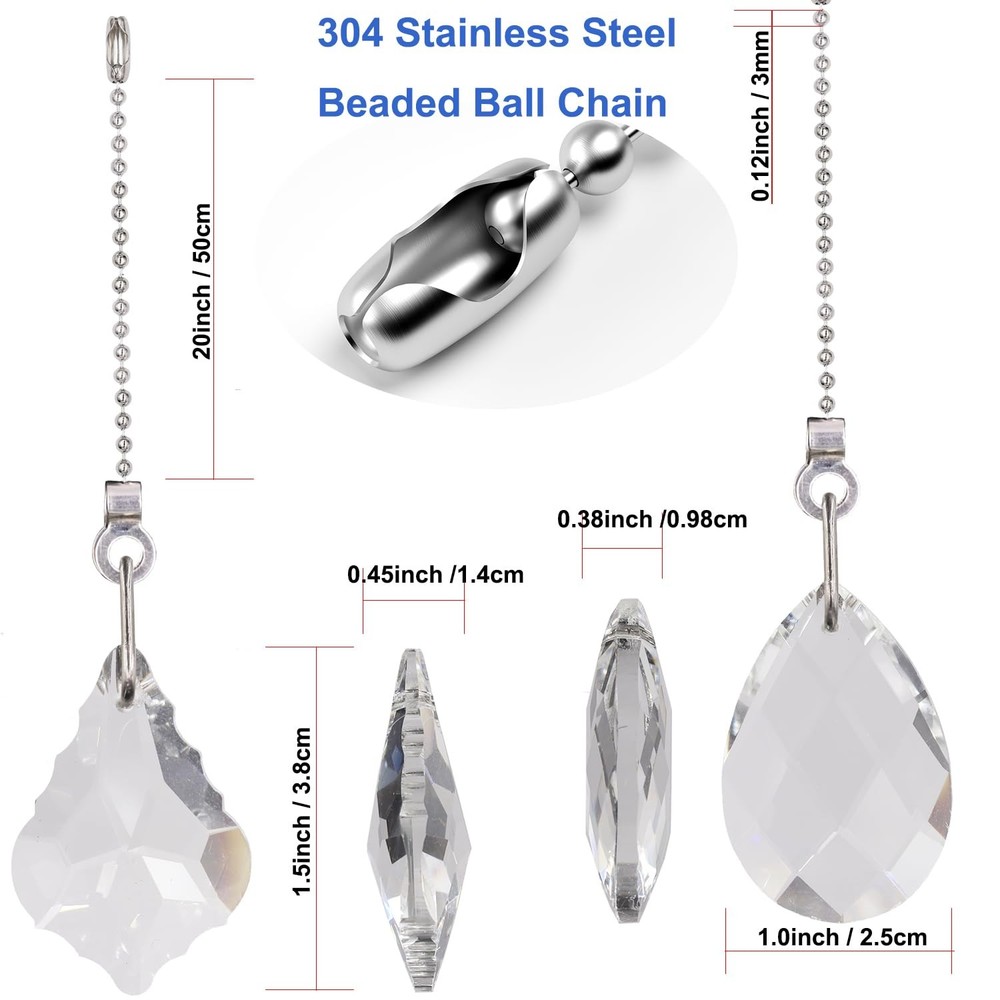 Aceple 2PCS Crystal Ceiling Fan Pull Chain, Decorative Medium, silver