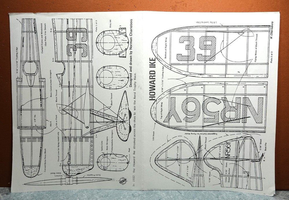 HOWARD IKE BALSA FREE FLIGHT MODEL AIRPLANE PLANS 16" WINGSPAN