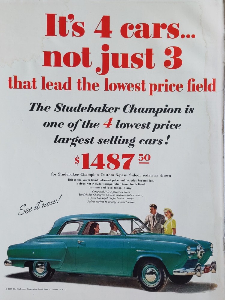 1950 vintage Studebaker print ad. It's four cars... Not just three