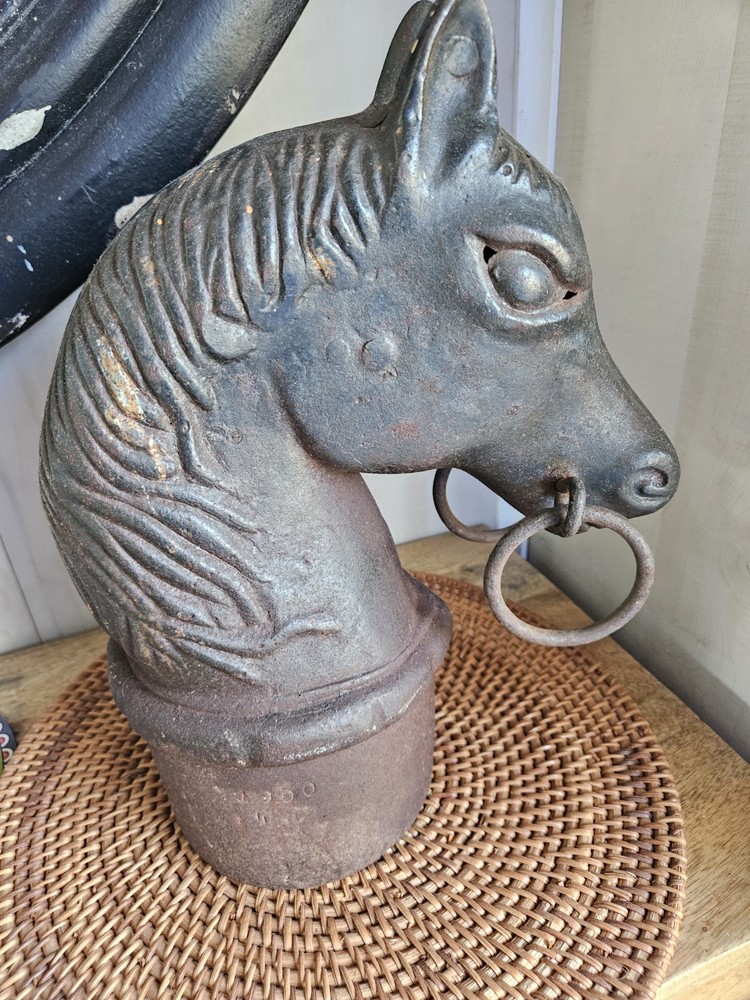 Circa 1900 : Two Double Ring Horse Head Adirons or Hitching Post Toppers