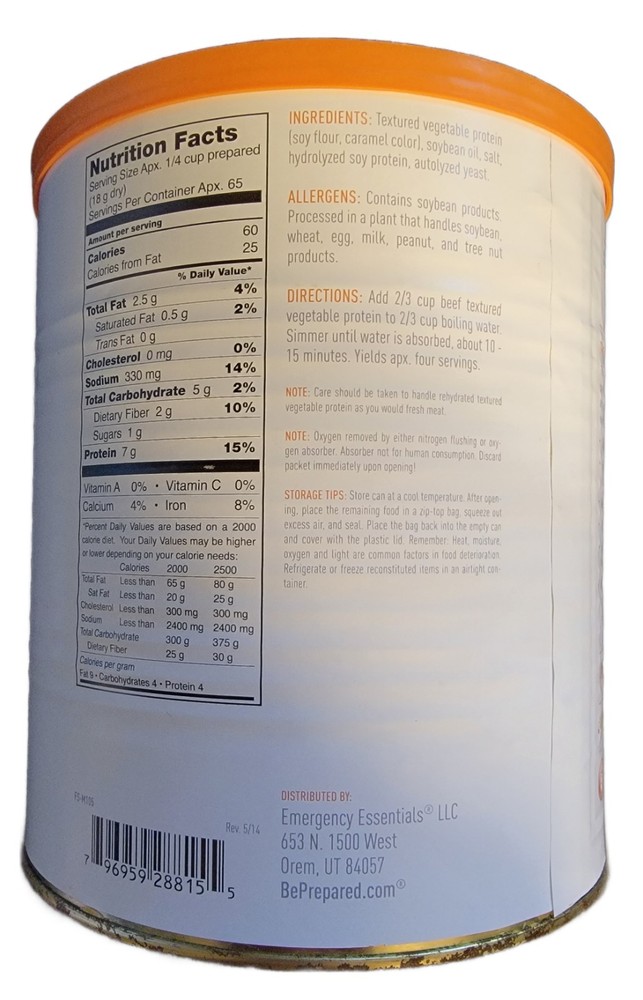 Essentials Imitation Beef Flavored Bits 2 lb, 9oz #10 Can, Survival READ