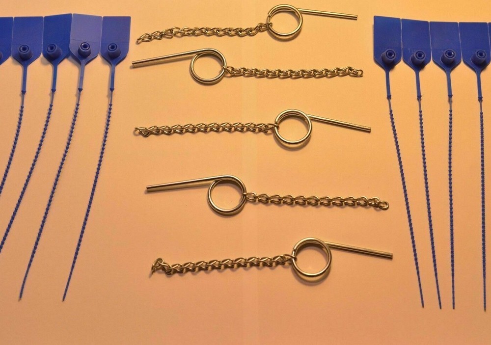 🔥🧯 5-Fire Extinguisher Safety Pull Pin & Chain With 10- Flag Seals-BLUE 🔥🧯