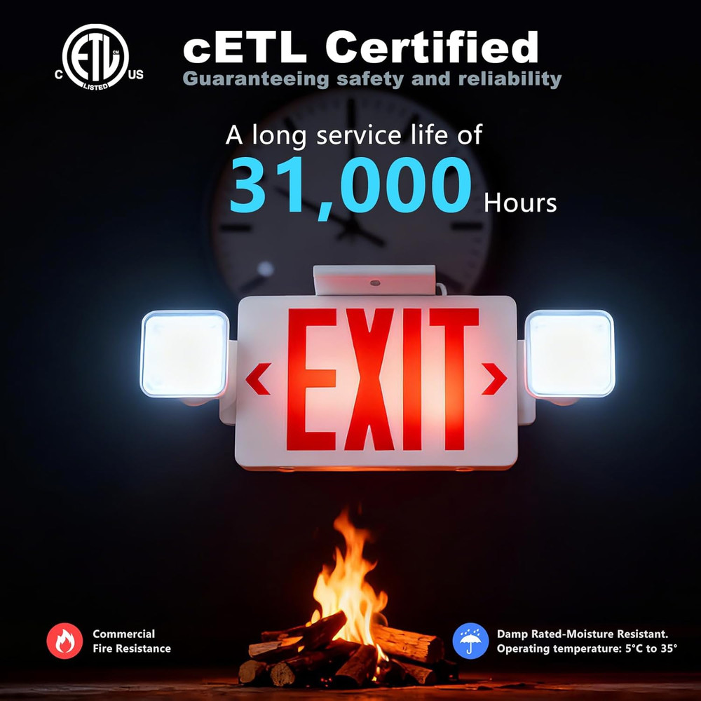 Exit Signs with Emergency Lights, Adjustable Double Head - Hardwired with Batter