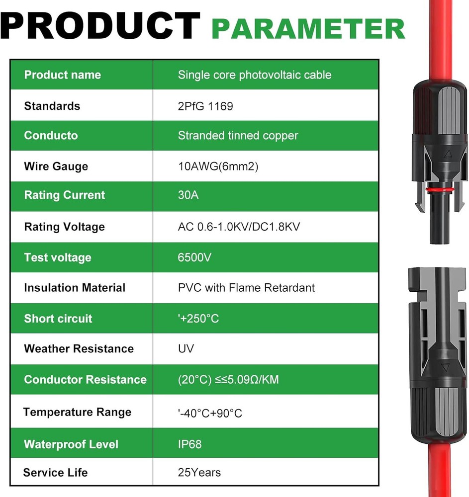 10 AWG MC4 Extension Cable PV Wire Solar Panel Connector Pair Black + Red 6mm²