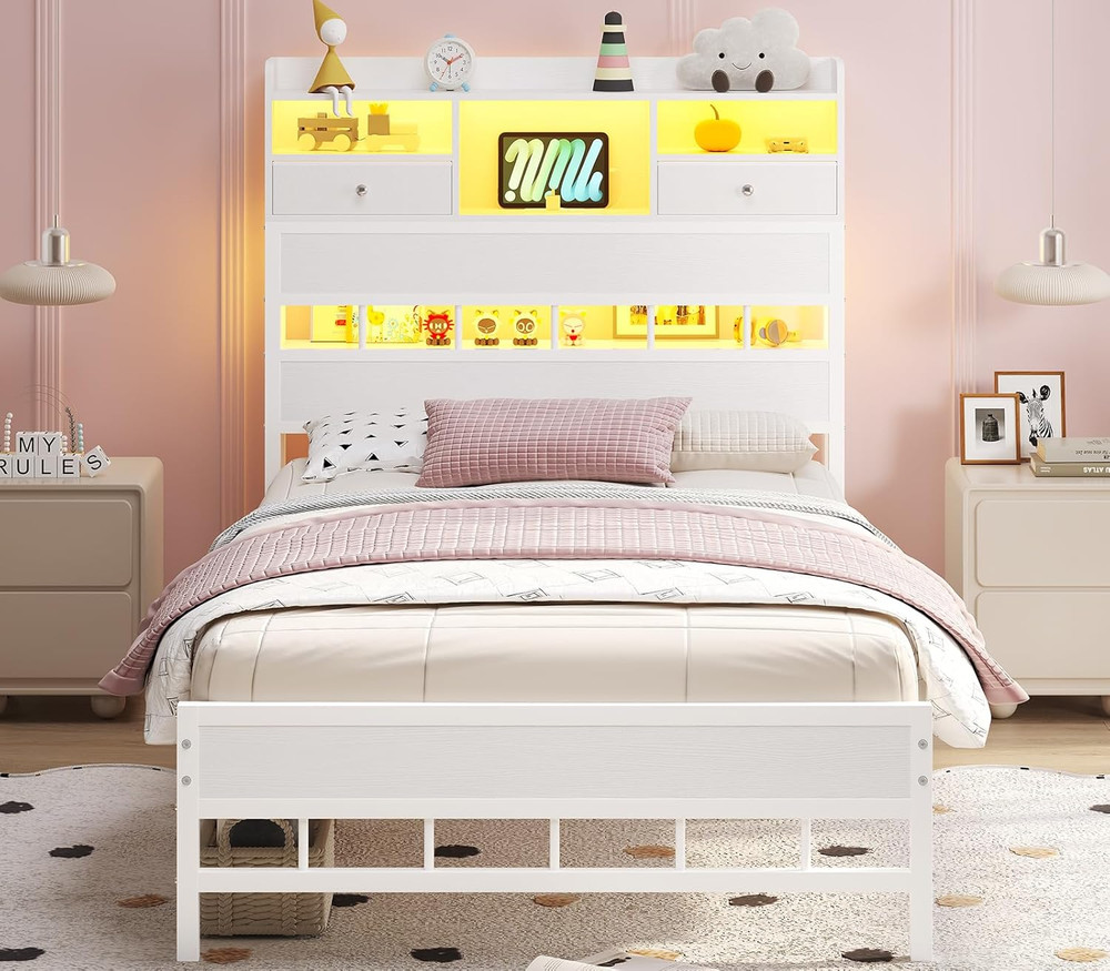 BTHFST Twin Bed Frames with Headboard & Charging Station, LED Bed Frame Twin wit