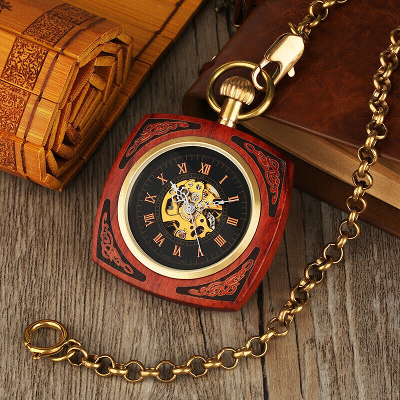 Steampunk Mechanical Automatic Skeleton Men Women Pocket Watch Square Case
