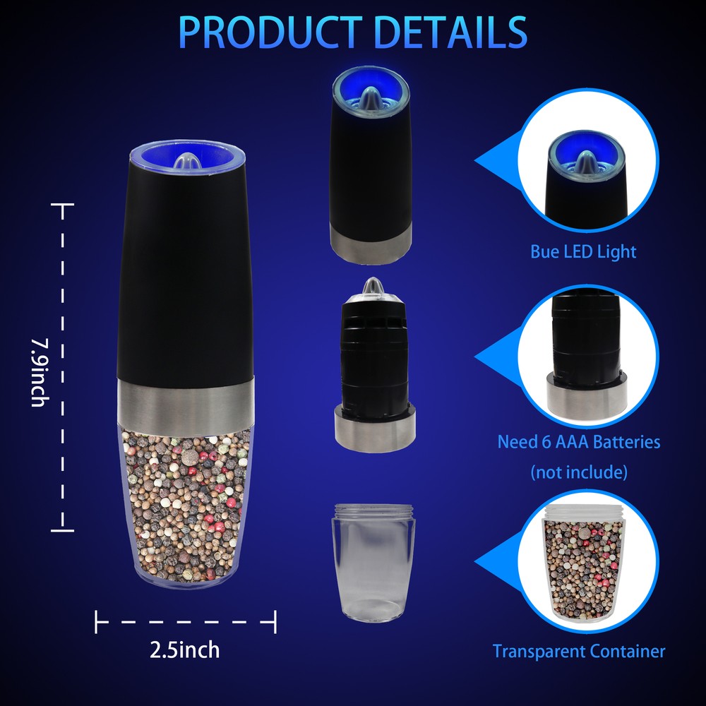 1Pair Gravity Electric Salt and Pepper Grinder Set, Adjustable Coarseness