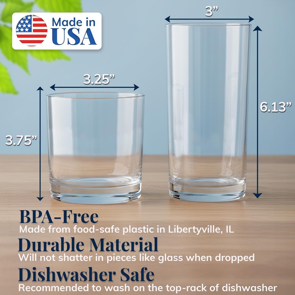 US Acrylic Classic Clear Plastic Reusable Drinking 8 Piece Assortment,