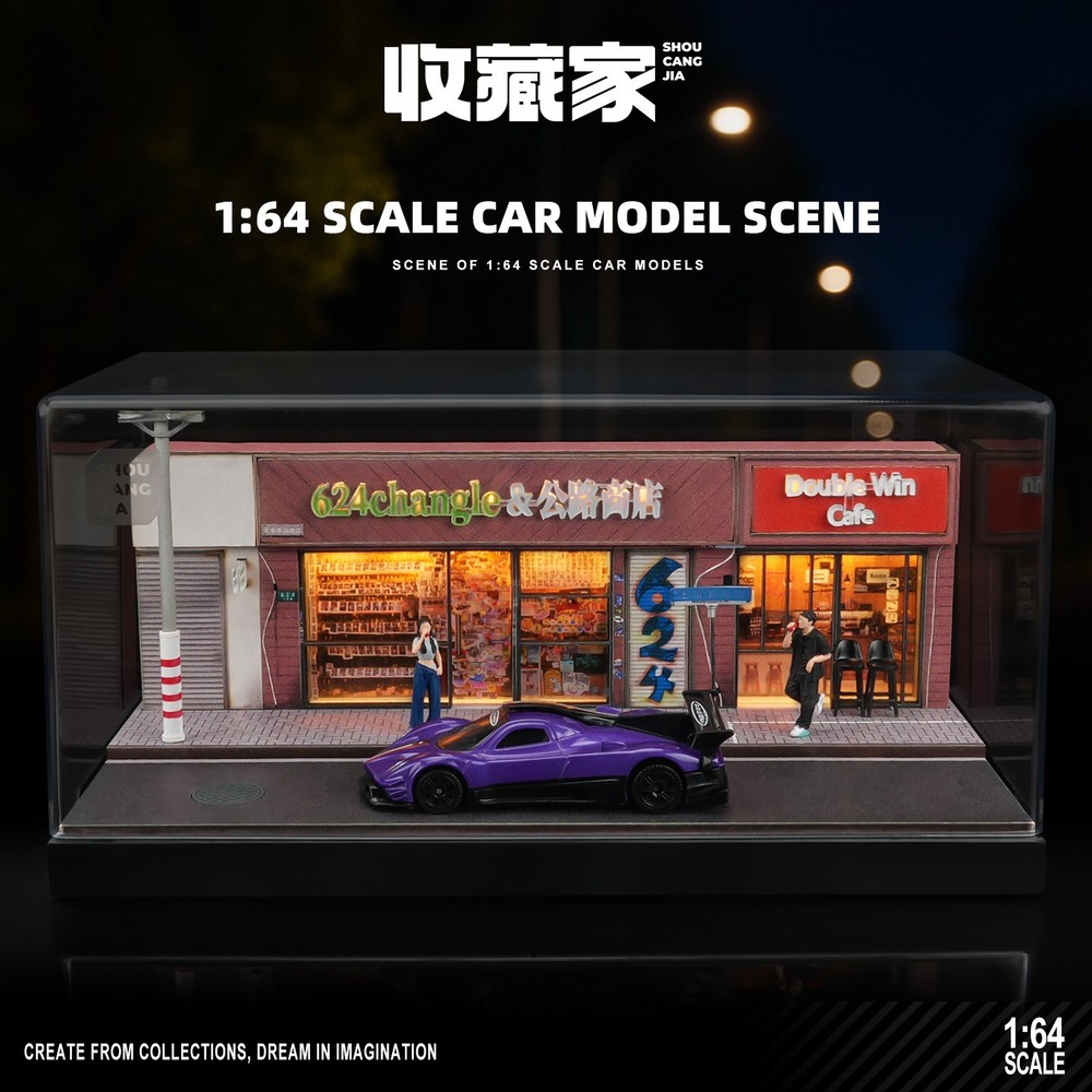 1/64 Mini Dust-Proof Simulation Light Road Stop Scene Set Model & 2 Doll Toys