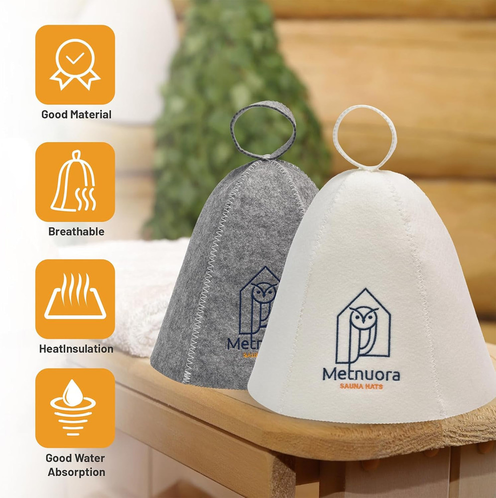 Sauna Hat 2-Pack, Wool Cap for Bathing (White, Grey)