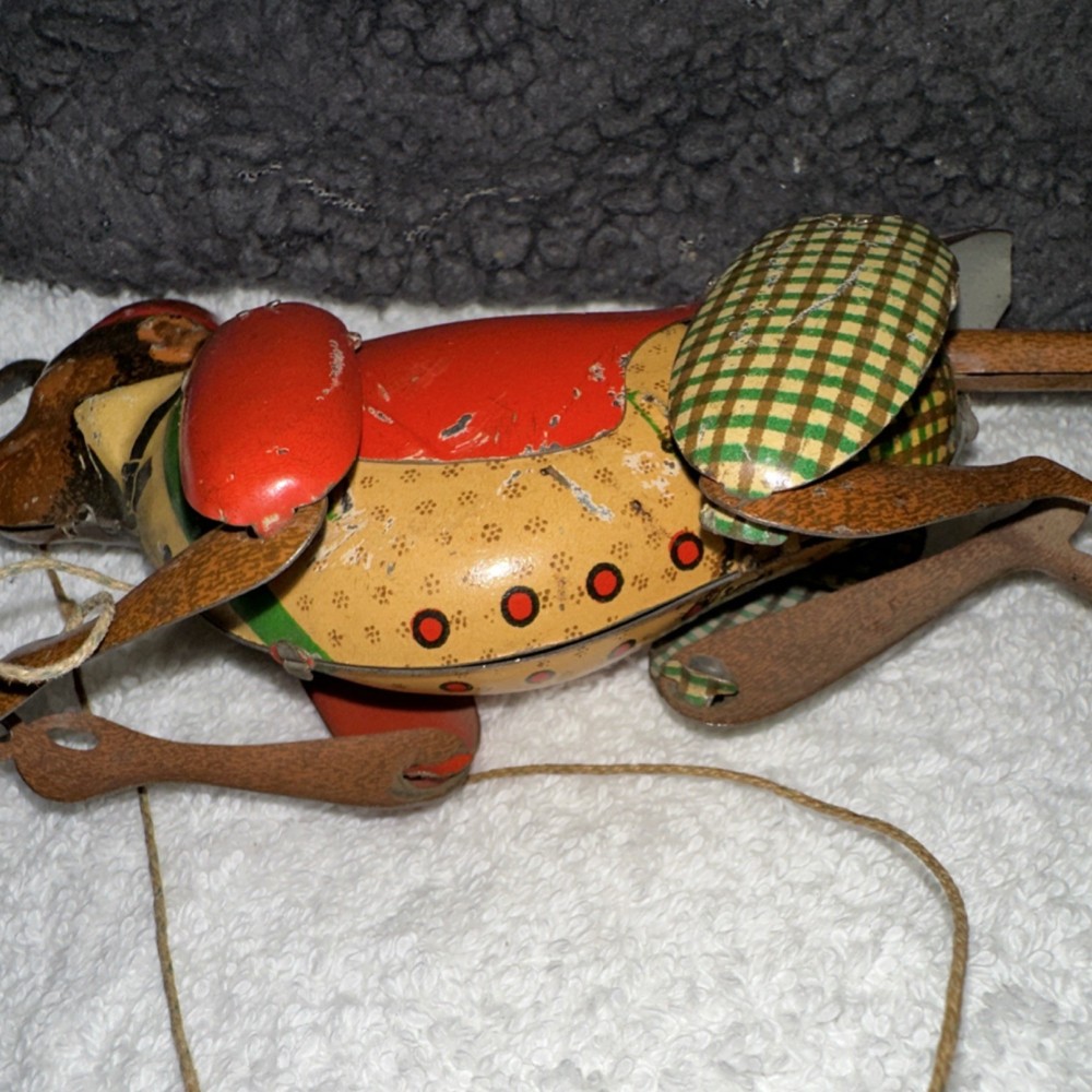TOM Vintage Tin Monkey Pull Toy Red Jacket