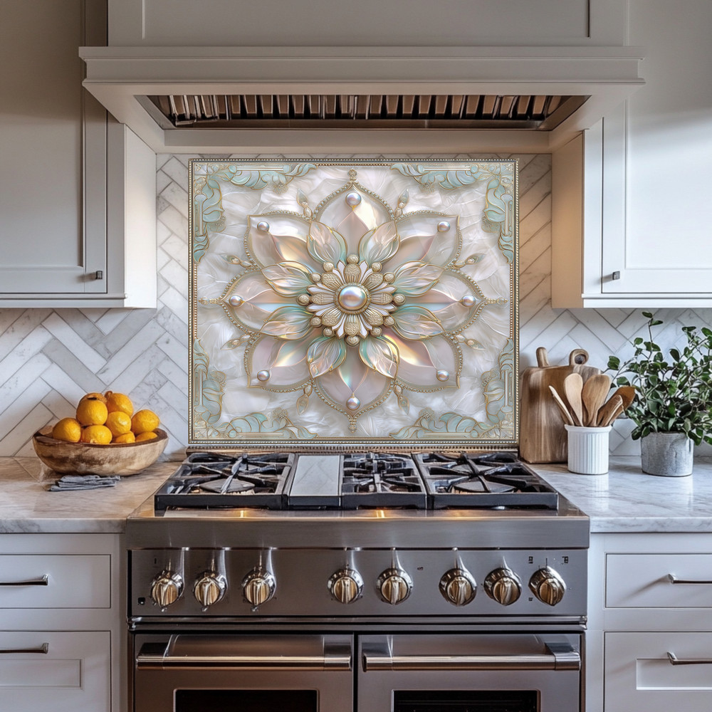 Pearl Look Tempered Glass Kitchen Wall Panel | Elegant Kitchen Decor