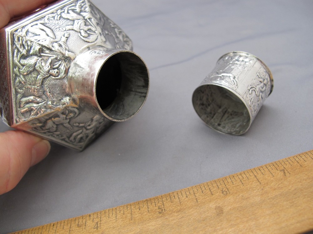 Antique DUTCH 835 Silver Repousse TEA CADDY-Hexagonal Form