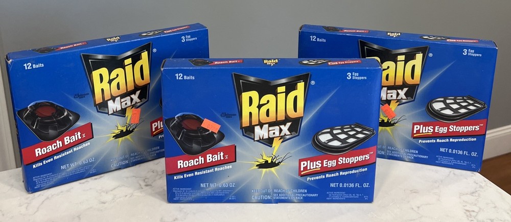 RAID Small Roach Bait Double Control - 36 Baits PLUS 9 Egg Stoppers Lot Of 3 Box