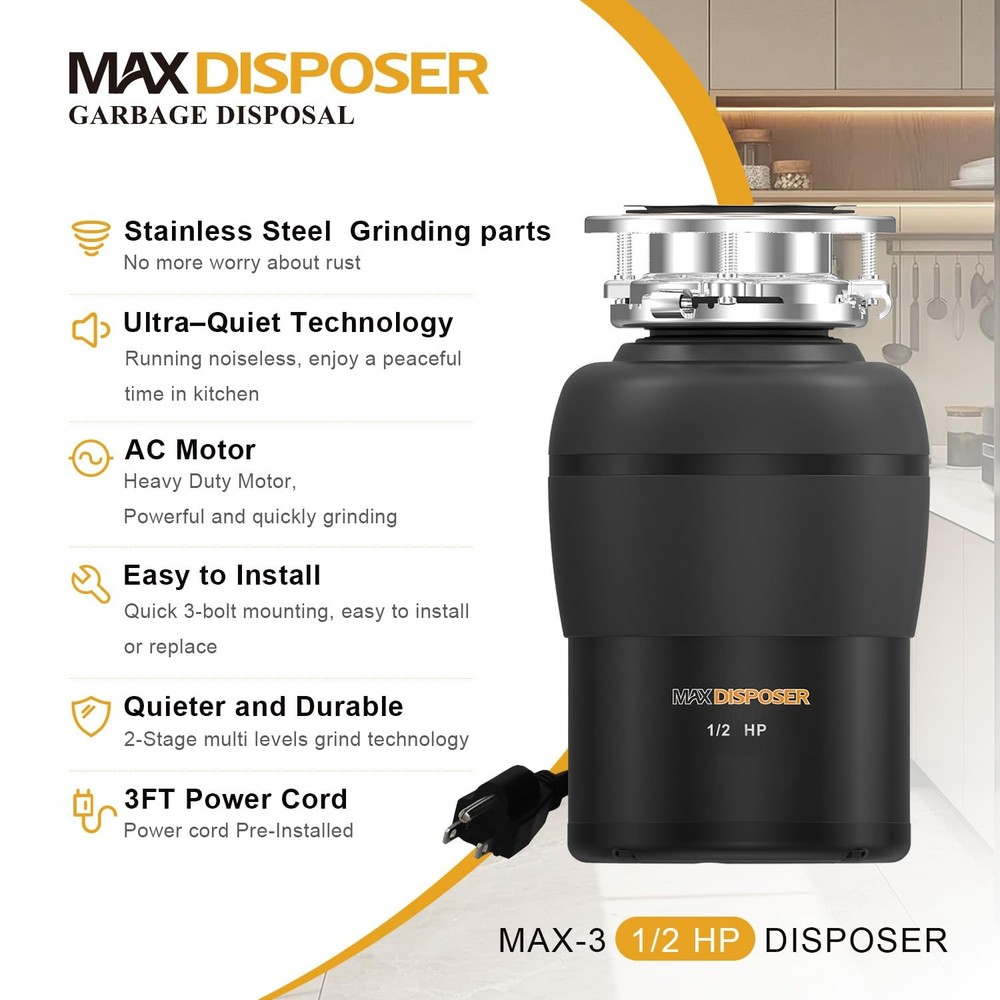 MAX DISPOSER Garbage Disposal 1/2 HP Easy install Quiet with Stopper Power Cord,