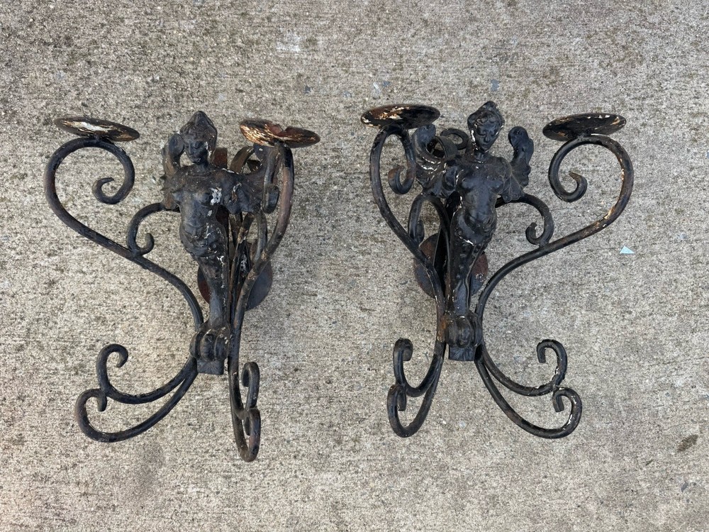 WINGED MERMAID IRON WALL SCONCE CANDELABRUM - PAIR