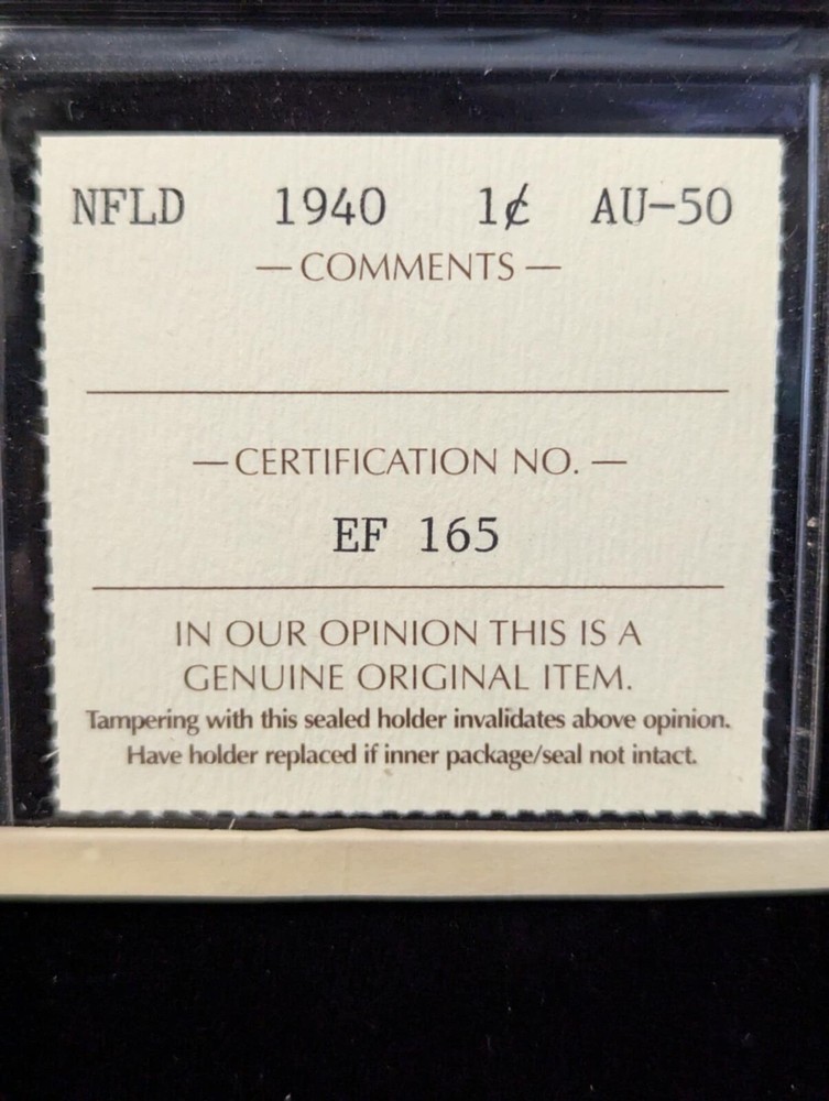 1940 ICCS Graded Newfoundland One Cent **AU-50** EF 165