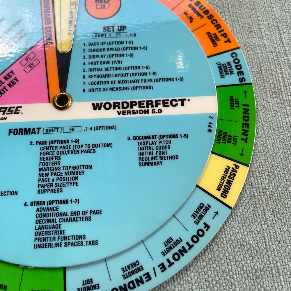 Wordperfect Version 5.0 Wheel Ease Quick Reference Guide Card Dial 1989 2 Sided