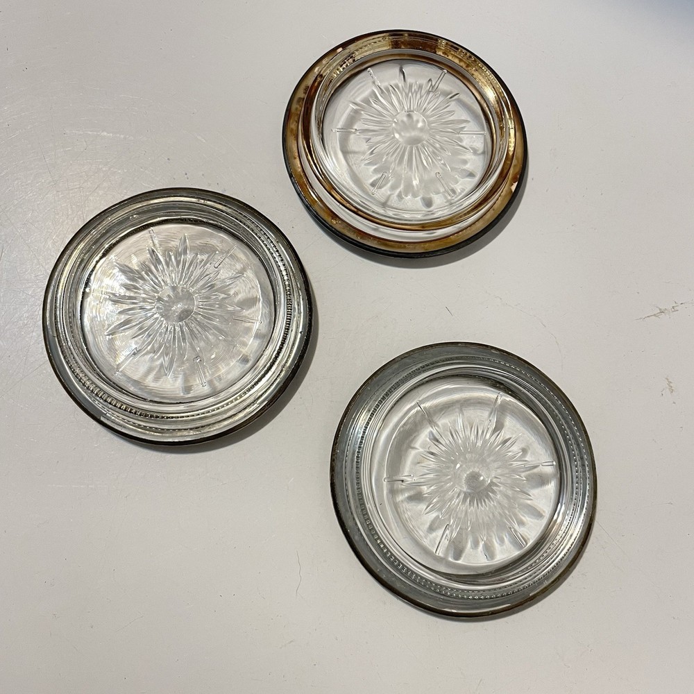 VTG Leonard Glass Coasters 3 Ea Silverplated Rim Signed Flower Pattern