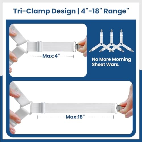 4 PCS Bed Sheet Straps – Adjustable Corner Clips to Keep 4 Pcs (Triangle) White