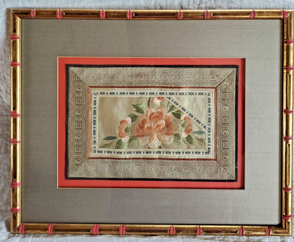 Chinese Silk Peony Hand Embroidered Framed Panel Square wShadow Box Effect 21x17