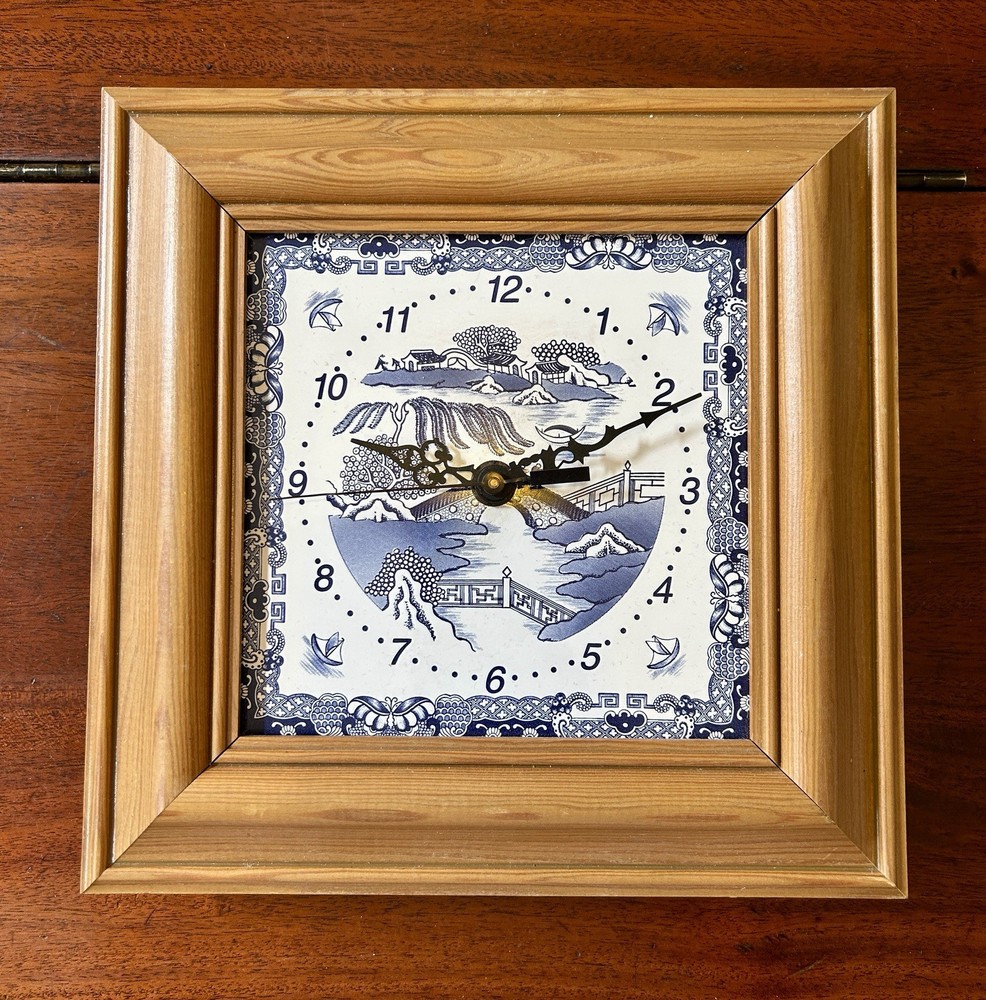 Vintage Blue & White Willow Pattern Ceramic Tile Wall Clock, Wooden Frame