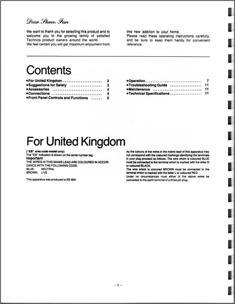 Technics SH-GE70 Graphic Equalizer Owners Manual - Operating Instructions